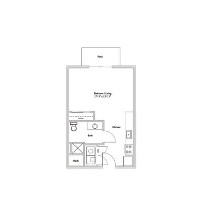 Architectural floor plan of a one-bedroom apartment