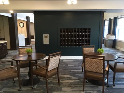 Cozy common area with tables and chairs