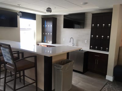 Interior view of a common area with a bar