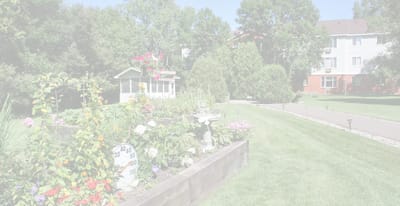 Beautiful garden space with flowers and building in background