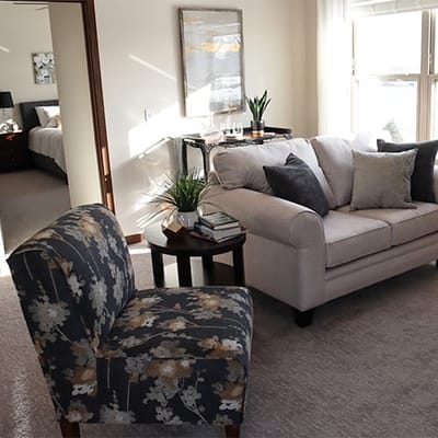 Cozy living room area in a senior living facility