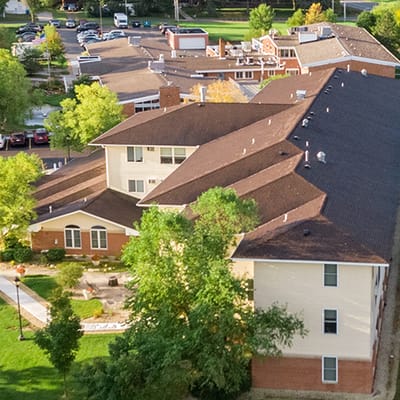 Aerial view of the Birchwood Arbors facility and outdoor space