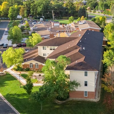 Aerial view of Birchwood Arbors facility surrounded by greenery