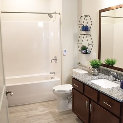 Modern bathroom with shower and vanity