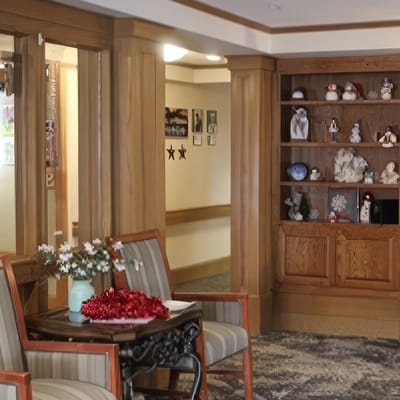 Interior view of a cozy common area with seating