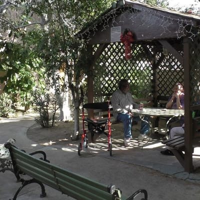 Residents socializing in a garden gazebo.