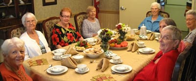 Seniors enjoying a meal together in a dining room.