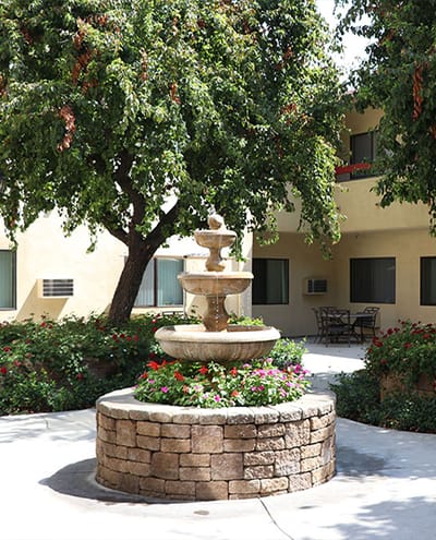 Fountain surrounded by flowers in courtyard