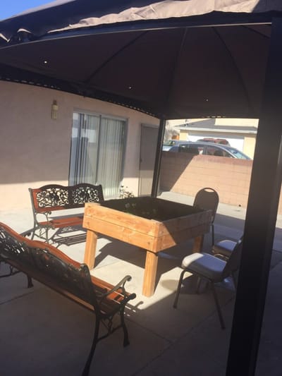 Outdoor seating area with benches and garden box
