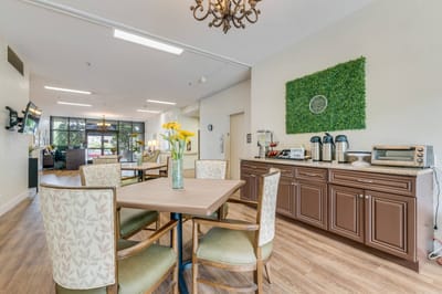 Bright common area with seating and decor