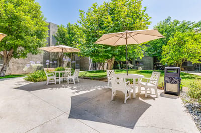 Outdoor seating area with umbrellas and greenery