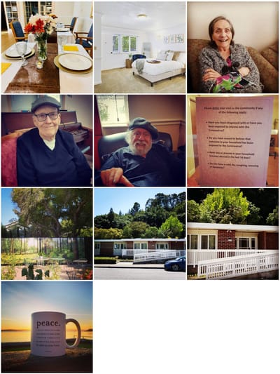Residents enjoying meals and outdoor spaces, showcasing facility life.