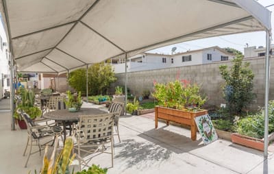 Outdoor garden area with seating arrangements