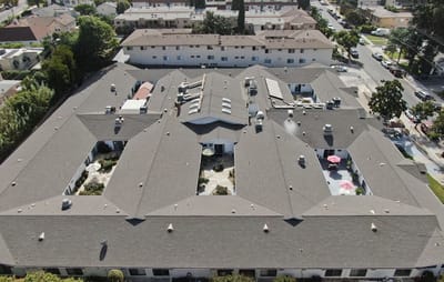 Aerial view of the facility's layout and gardens.