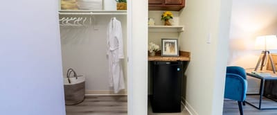 Interior view of a resident's room with amenities