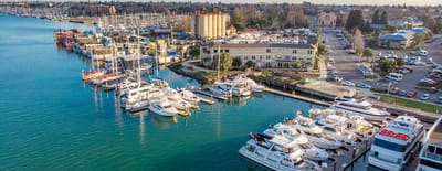 Aerial view of a marina with multiple boats.