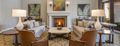 Cozy common area with seating and fireplace.