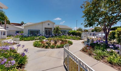 Beautiful outdoor area with flowers and facility entrance.