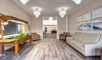 Bright and inviting common area with seating