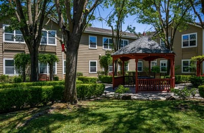 Outdoor gazebo surrounded by landscaped gardens