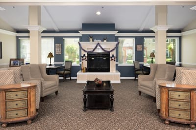 Cozy common area with seating and fireplace