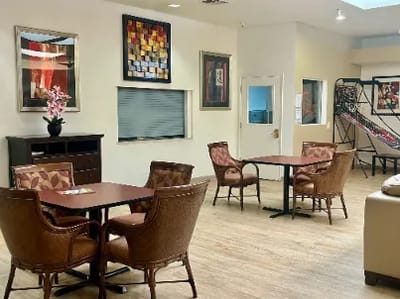 Common area with seating and artwork