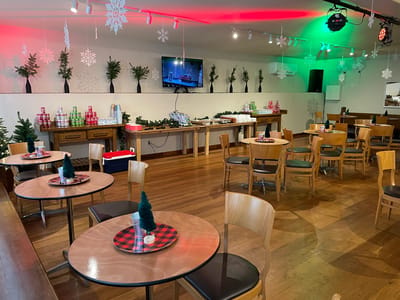 Dining area decorated for the holidays
