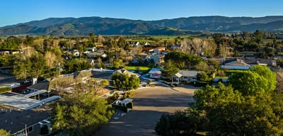 Aerial view of Solvang Friendship House and surrounding area.