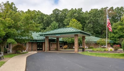 Front entrance of Valley Pines facility with landscaping.