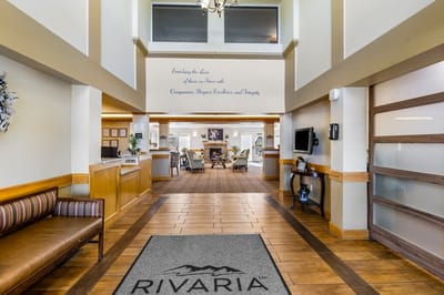 Welcoming lobby area with seating and decorative elements.