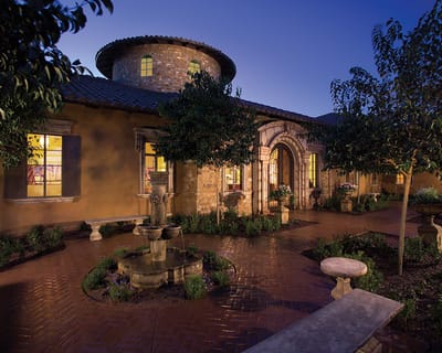 Architectural exterior of Villa Siena at dusk