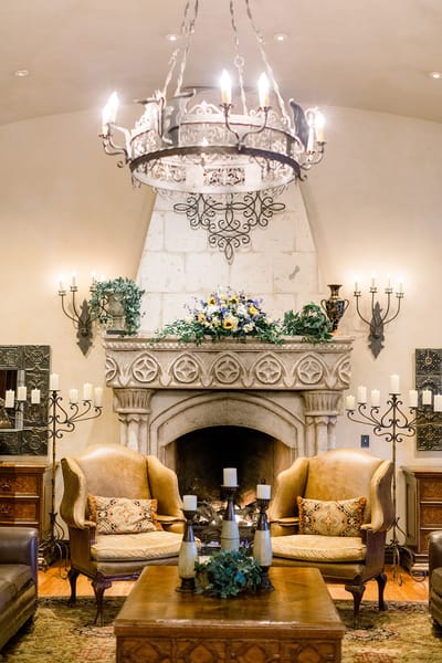 Cozy common area with elegant fireplace and seating