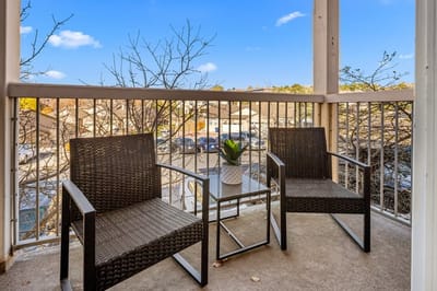 Outdoor balcony seating with a view