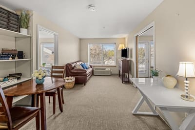 Cozy interior living space in assisted living facility.