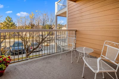 Balcony view with metal chairs and plants