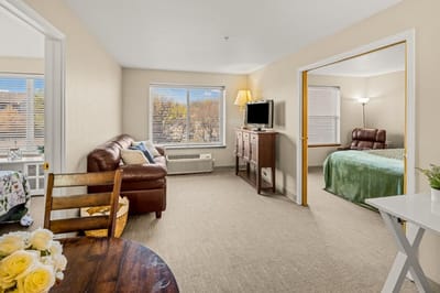 Interior view of a cozy resident room with living area.