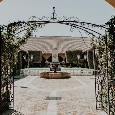 Entrance view of a landscaped outdoor space