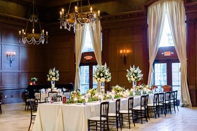 Elegant dining setup in a banquet hall.