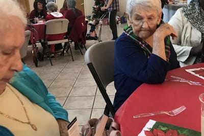 Seniors gathered at a festive dining event.