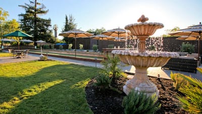Beautiful outdoor area with a fountain and seating