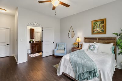 Cozy resident bedroom with modern decor.