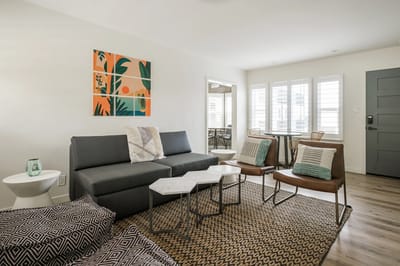 Modern common area with seating and artwork