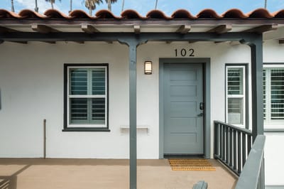 Entrance of a resident's room with porch