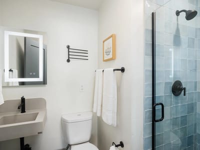 Modern bathroom with shower and mirror
