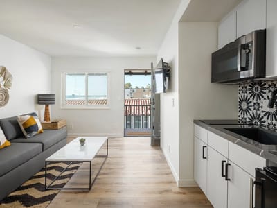 Modern living space with a kitchen and lounge area.