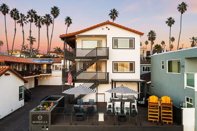 Exterior view of Marbella Anaheim building at sunset.