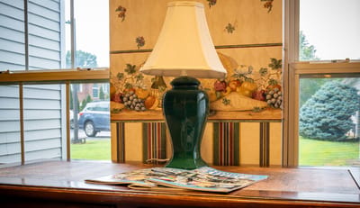 Interior decor featuring a lamp and magazines