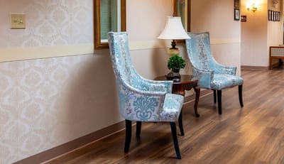 Seating area with two decorative chairs and a lamp