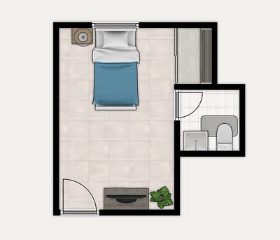 Floor plan of a resident room with basic furnishings.