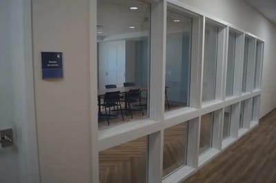 Interior view of an arts studio with seating.